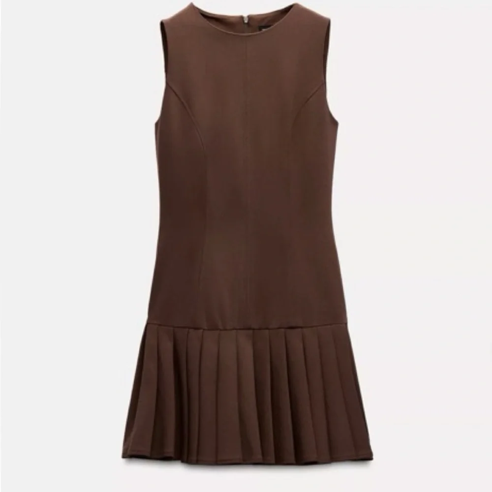 Zara Chocolate Brown Box Pleated Sleeveless Mini Dress - Picture 1 of 12